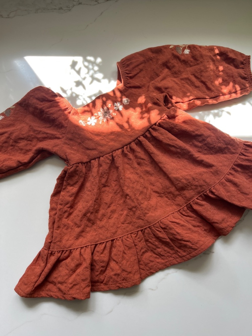 Rust Orange Floral Embroidered Ruffle Kids Dress